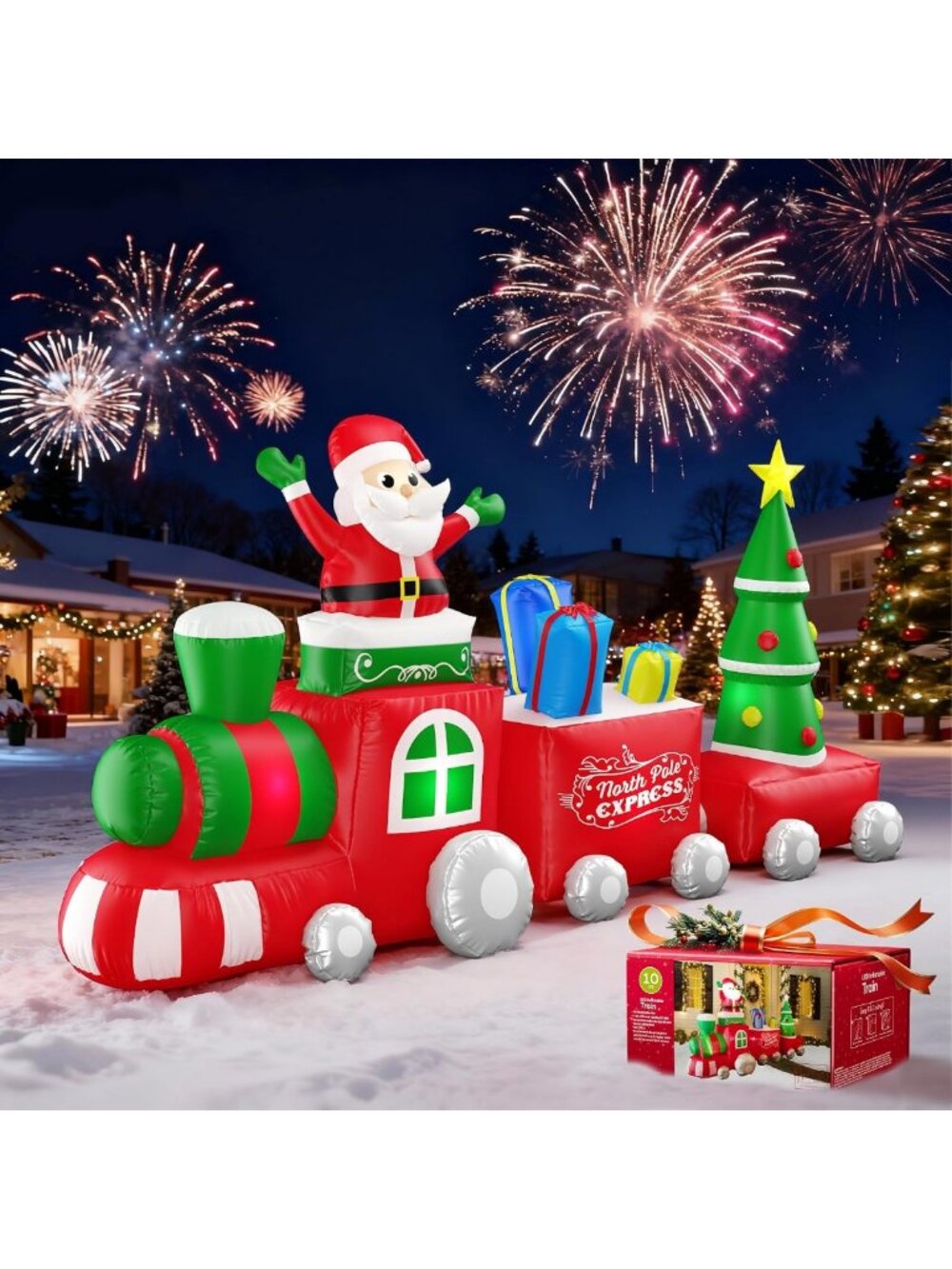 10FT Inflatable Christmas Train with Santa, Gift Boxes & Lights - Holiday Yard